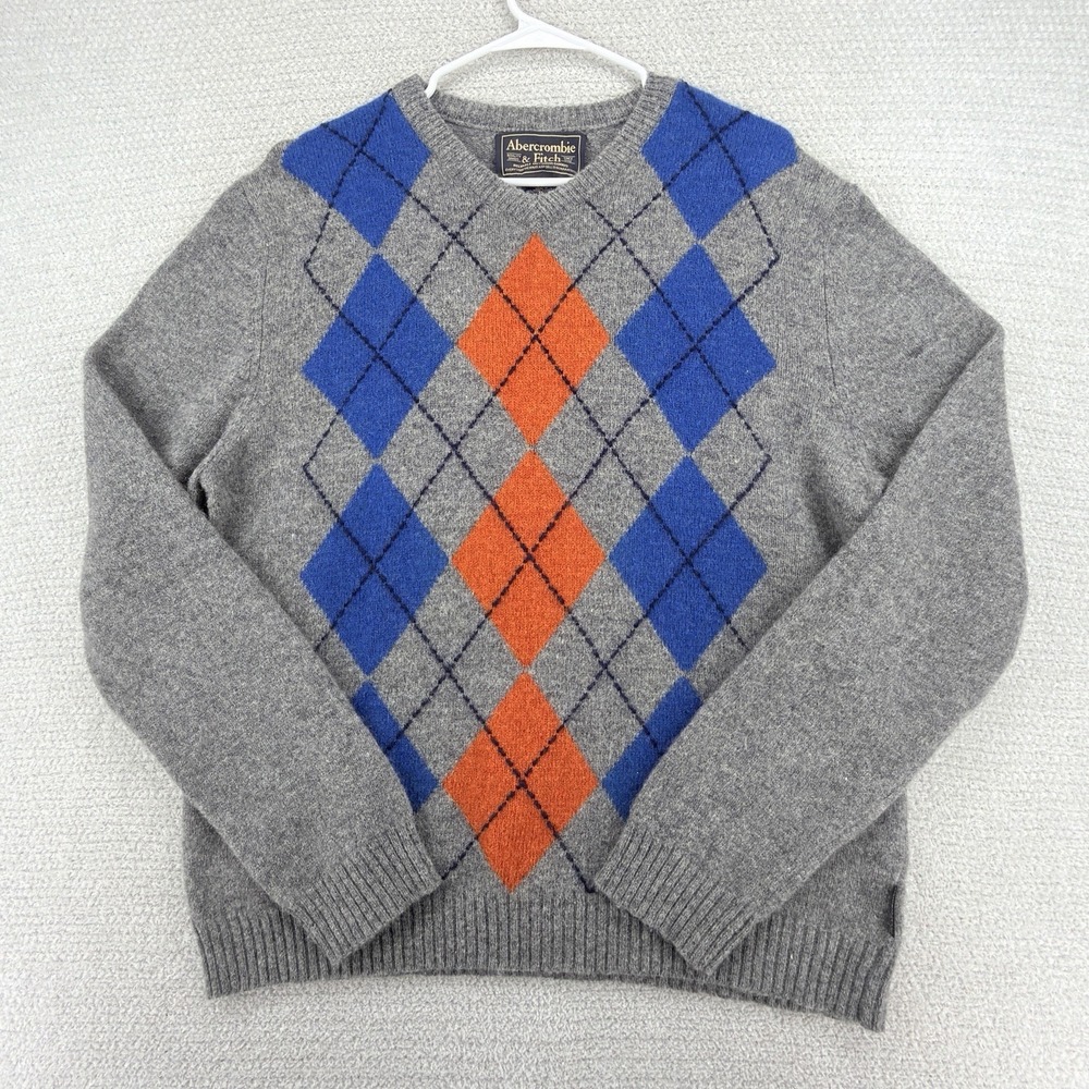 Vintage Abercrombie Fitch Sweater Mens XL Shetland Wool Argyle Gray V-Neck